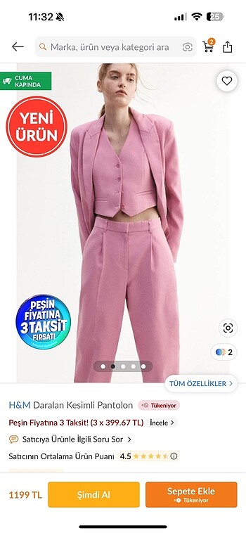 36 Beden pembe Renk H&M daralan kesimli pantolon