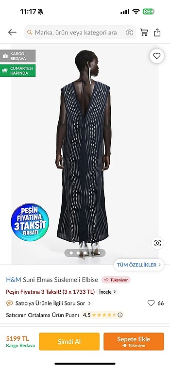 m Beden siyah Renk H&m suni elmas islemeli elbise