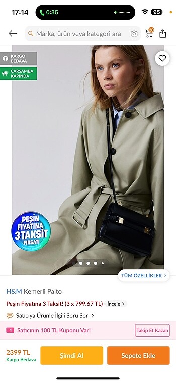xl Beden H&m kemerli palto