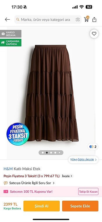 42 Beden H&m katlı maksi etek
