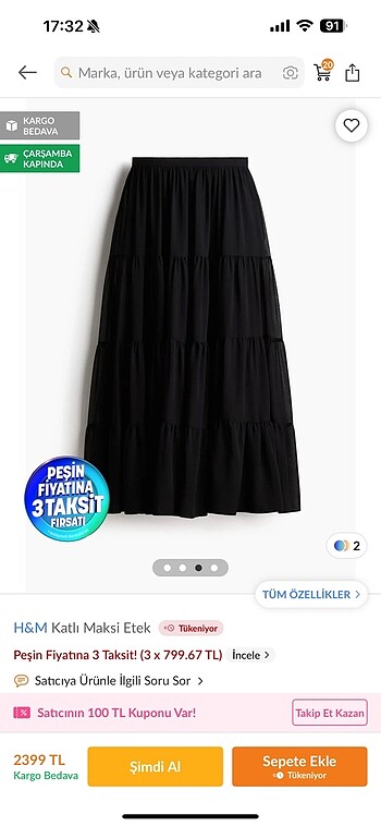 H&M H&m katlı maksi etek
