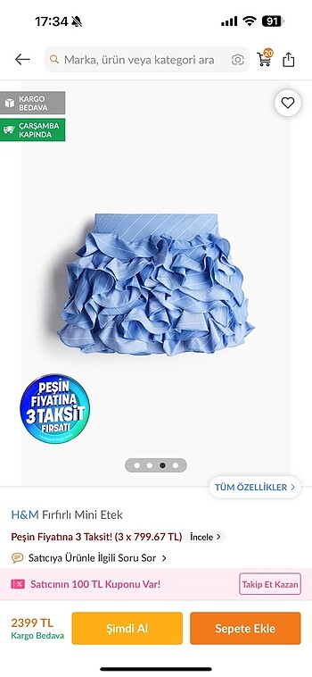 34 Beden H&m fırfırlı mini etek