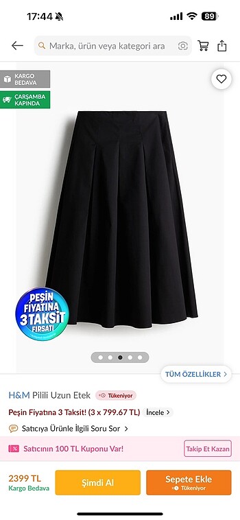46 Beden H&m pilili uzun etek