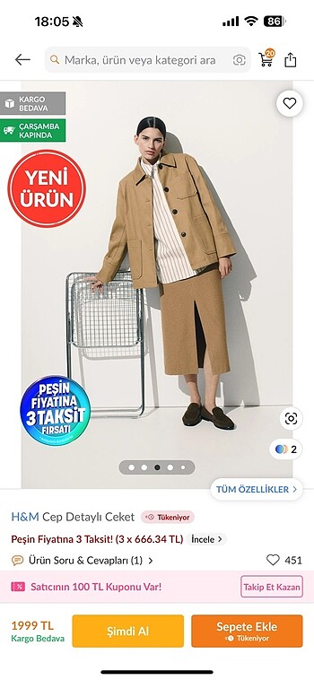 xs Beden H&m cep detaylı ceket