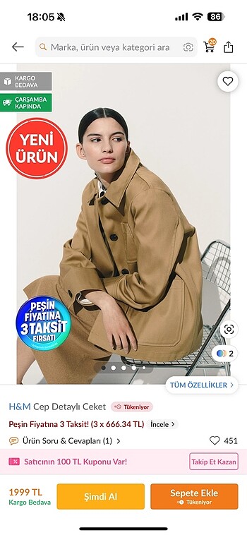 xs Beden camel Renk H&m cep detaylı ceket