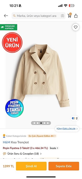 32 Beden H&m kısa trençkot