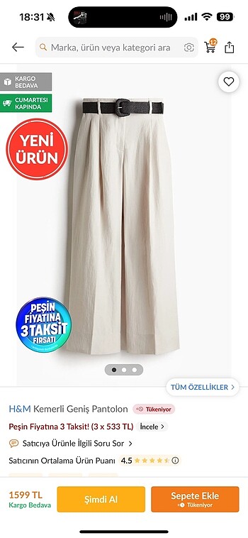 H&m kemerli genis pantolon