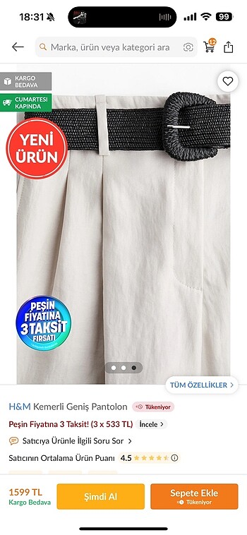 H&M H&m kemerli genis pantolon