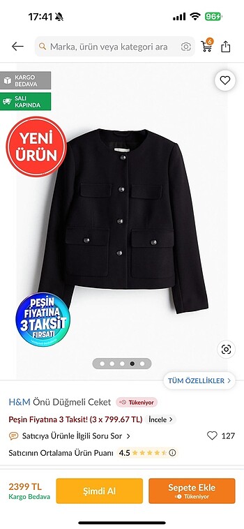 s Beden H&m önü düğmeli ceket
