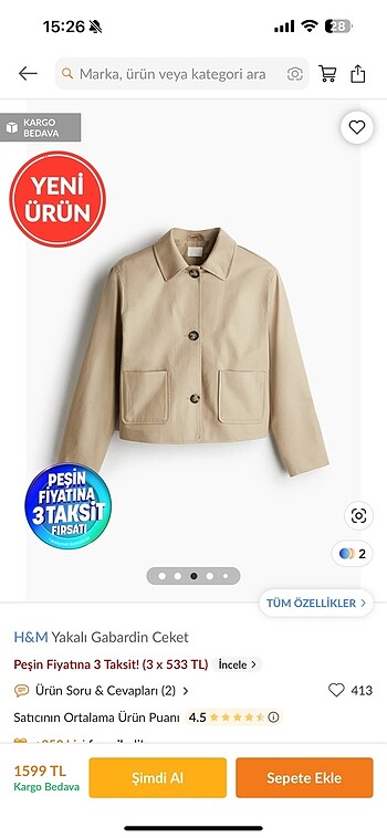 H&M H&m yakalı gabardin ceket