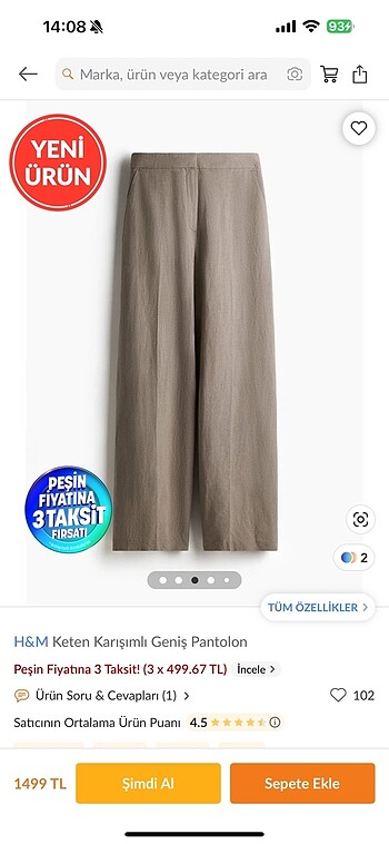 H&M Hm Keten karışımlı geniş pantolon