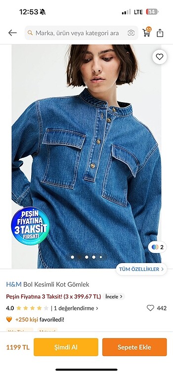 H&m bol kesimli kot gömlek