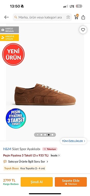 42 Beden H&m süet spor ayakkabı