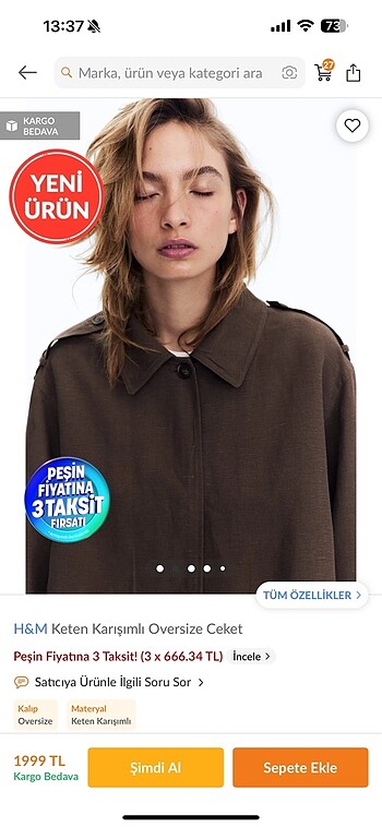H&M H&m keten karısımlı oversize ceket