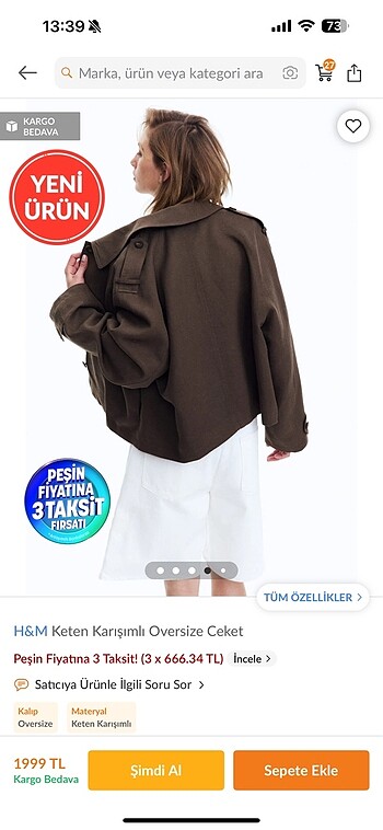 m Beden H&m keten karısımlı oversize ceket