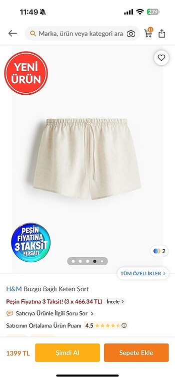 s Beden H&m bugü baglı keten sort