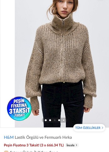H&M H&M Bej Lastik Örgülü Fermuarlı Hırka