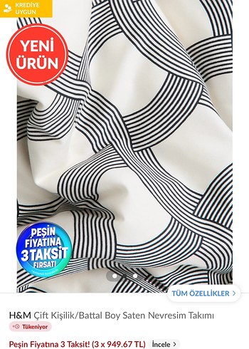 H&M Home H&M Çift Kişilik Gri Baskılı Saten Nevresim Takımı