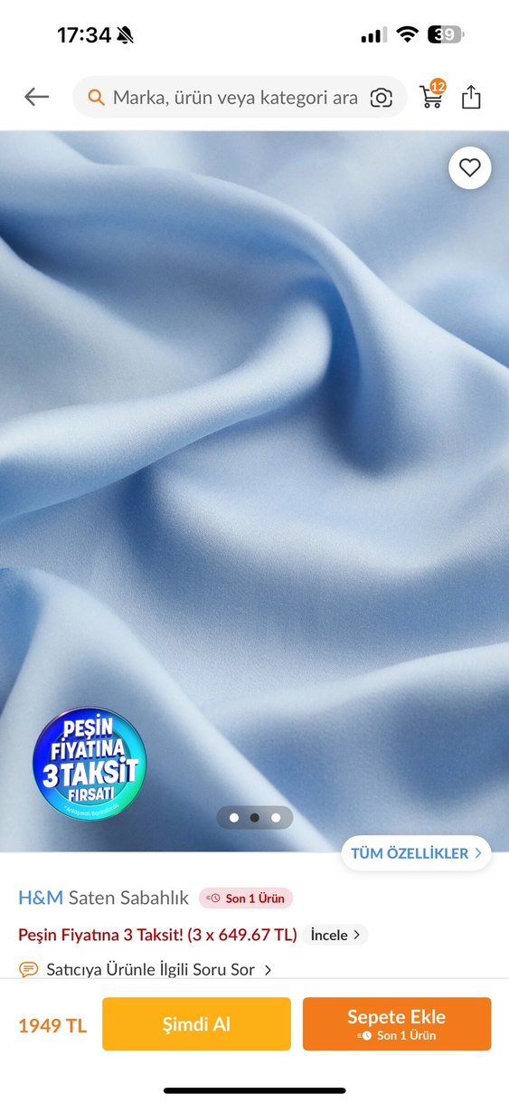 H&M Mavi Saten Uzun Kadın Sabahlık - Görsel 2