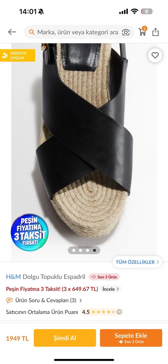 H&M Siyah Dolgu Topuklu Espadril - Görsel 3