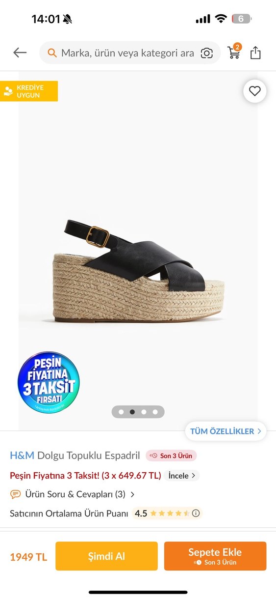 H&M Siyah Dolgu Topuklu Espadril - Görsel 2