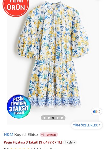 H&M H&M Kısa Kollu Sarı Bohem Mini Elbise