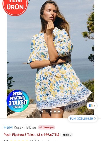 H&M Kısa Kollu Sarı Bohem Mini Elbise