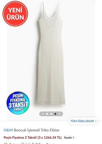 H&M Beyaz Boncuk İşlemeli Triko Elbise