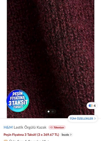 H&M Bordo Lastik Örgülü Kadın Kazak