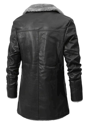 Siyah Deri Erkek Midi Kaban, Kürklü, Regular Fit - Görsel 2