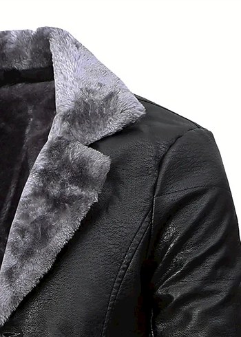 Siyah Deri Erkek Midi Kaban, Kürklü, Regular Fit - Görsel 3