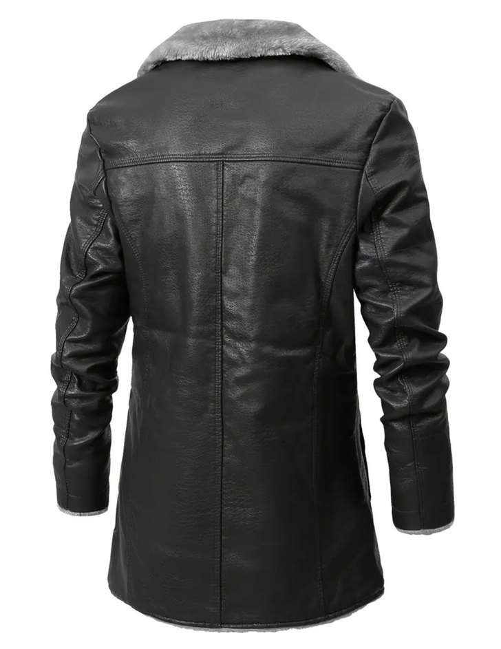 Siyah Deri Erkek Midi Kaban, Kürklü, Regular Fit - Görsel 2