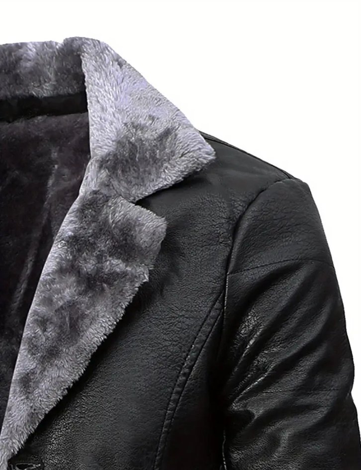 Siyah Deri Erkek Midi Kaban, Kürklü, Regular Fit - Görsel 3