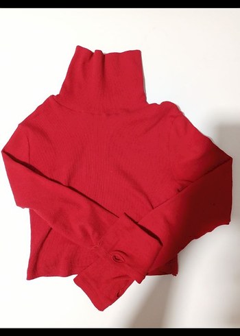 Kırmızı Fitilli Boğazlı Kadın Crop Kazak Bluz - Görsel 3