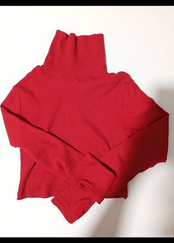 Kırmızı Fitilli Boğazlı Kadın Crop Kazak Bluz - Görsel 5