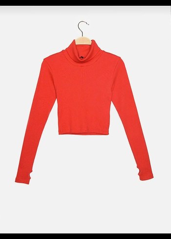 Kırmızı Fitilli Boğazlı Kadın Crop Kazak Bluz - Görsel 2