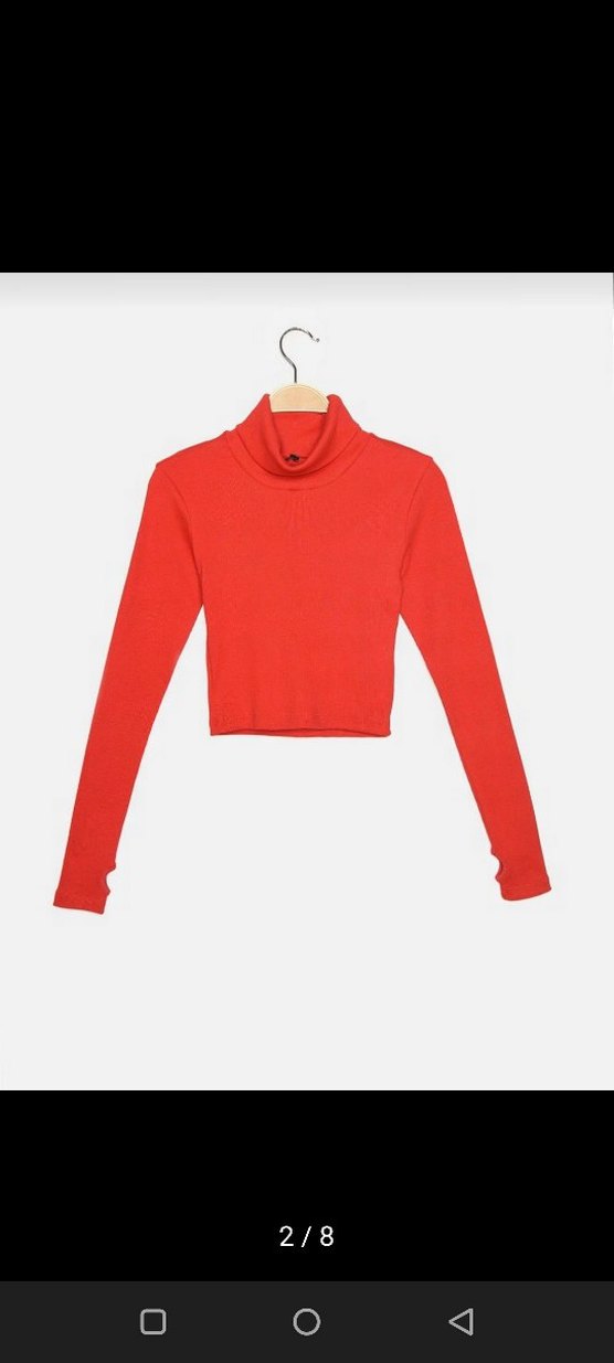 Kırmızı Fitilli Boğazlı Kadın Crop Kazak Bluz - Görsel 2