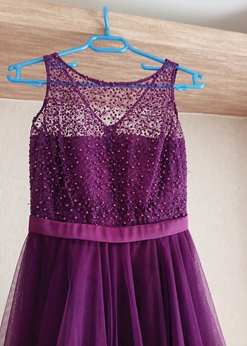 Mor Midi Dantel Tül Detaylı Boncuklu Abiye Elbise - Görsel 2