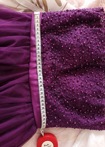 Mor Midi Dantel Tül Detaylı Boncuklu Abiye Elbise - Görsel 5