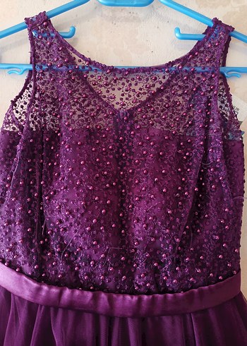 Mor Midi Dantel Tül Detaylı Boncuklu Abiye Elbise - Görsel 8