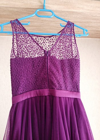 Mor Midi Dantel Tül Detaylı Boncuklu Abiye Elbise - Görsel 7