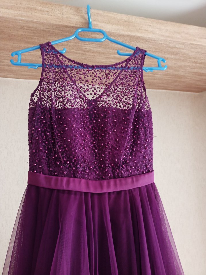 Mor Midi Dantel Tül Detaylı Boncuklu Abiye Elbise - Görsel 2