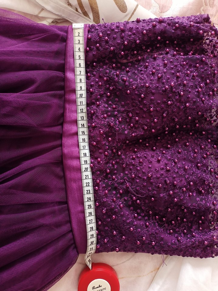 Mor Midi Dantel Tül Detaylı Boncuklu Abiye Elbise - Görsel 5