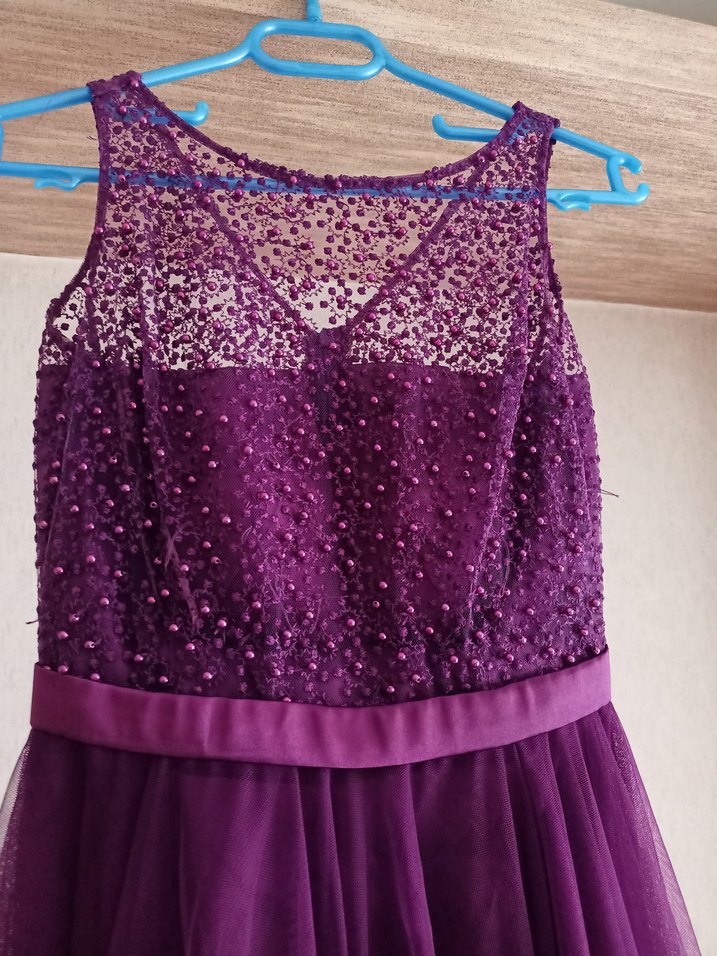 Mor Midi Dantel Tül Detaylı Boncuklu Abiye Elbise - Görsel 3