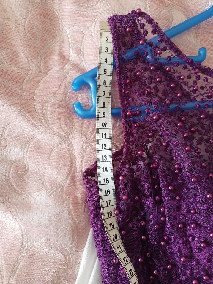 Mor Midi Dantel Tül Detaylı Boncuklu Abiye Elbise - Görsel 4