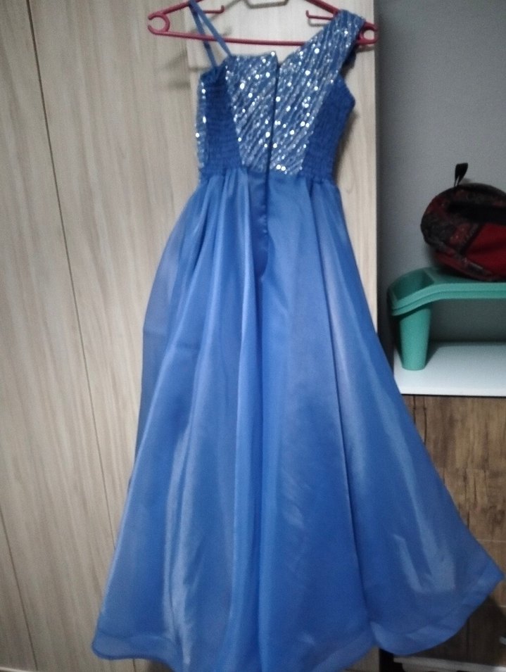 Mavi  İşlemeli Uzun Abiye Elbise - Görsel 3