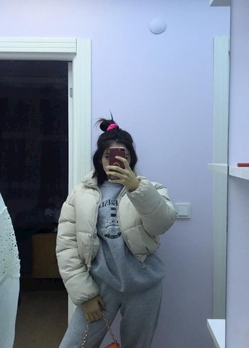 Gri Puff Mont, Yüksek Yakalı, Uzun Kollu