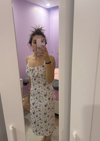 Pembe Midi Çiçek Desenli Strappy Elbise