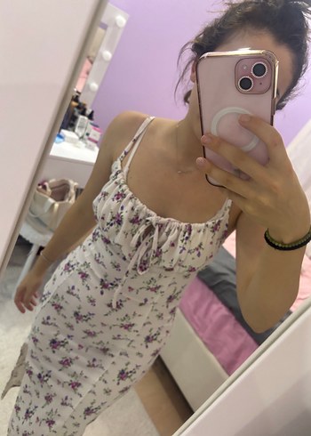 s Beden Pembe Midi Çiçek Desenli Strappy Elbise