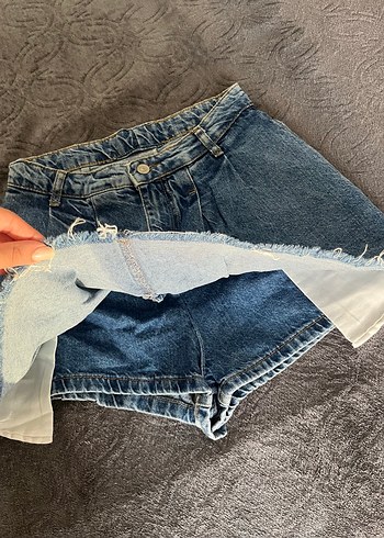 Pileli Mini Denim Şort Etek - Görsel 5